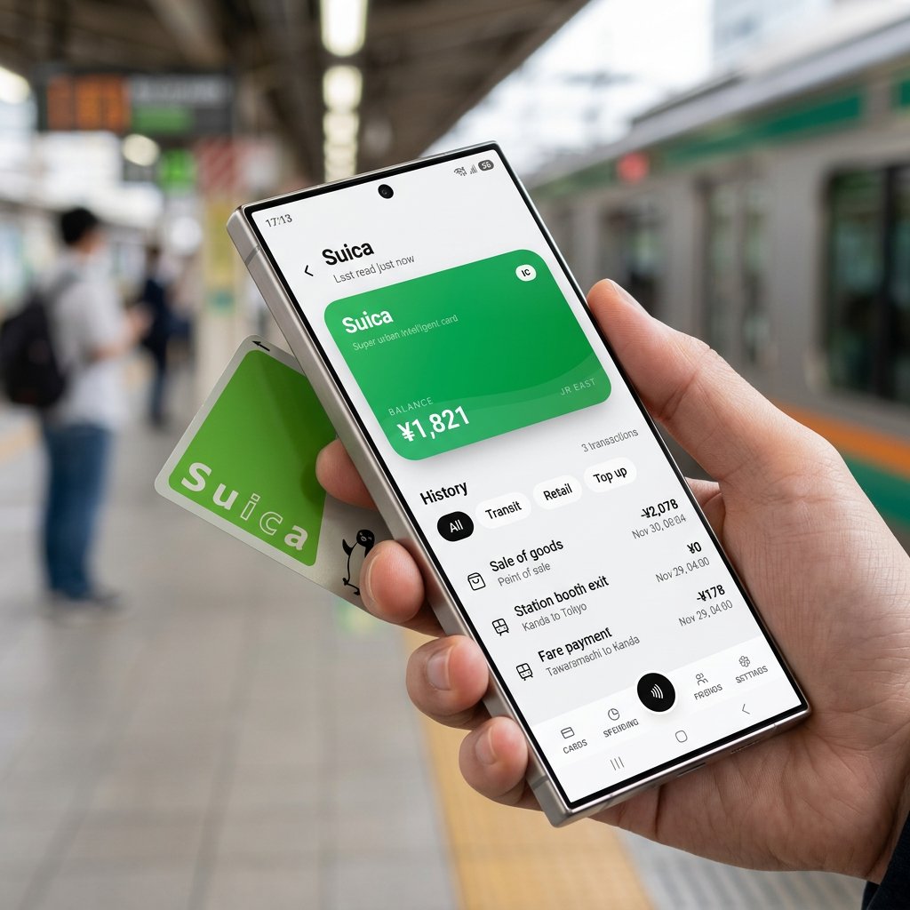 NFC Japan-appen visad på en Samsung Galaxy S25 Ultra som läser saldo på ett Suica-kort