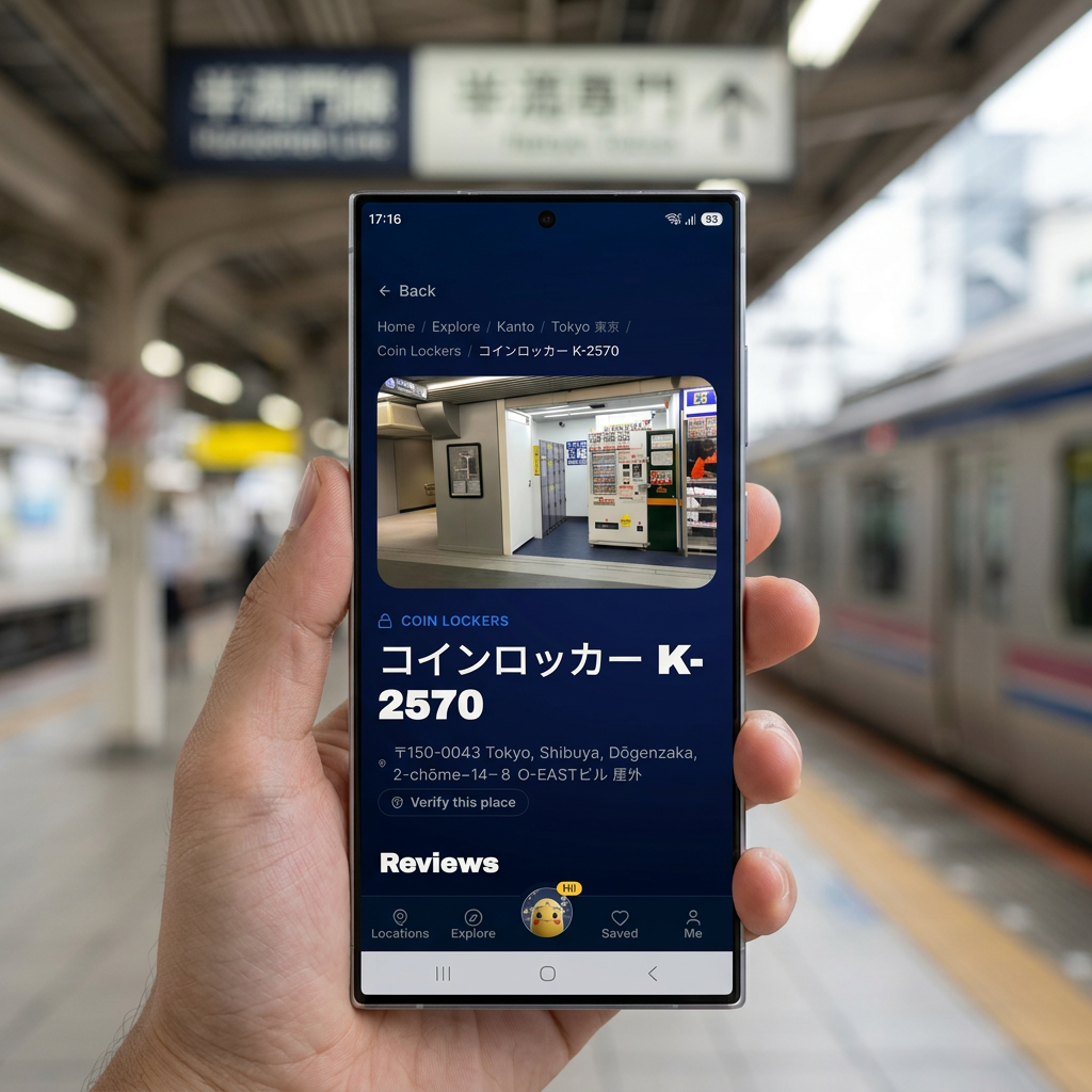 UseJapan-appen visad på en Samsung Galaxy S25 Ultra med en coinlocker-plats i Tokyo